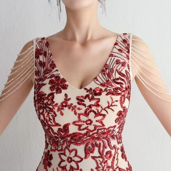 Red, Floral Print,  V Neck, Beaded Draped Sleeves,  Sequined Mermaid Gown - Picture 5 of 16